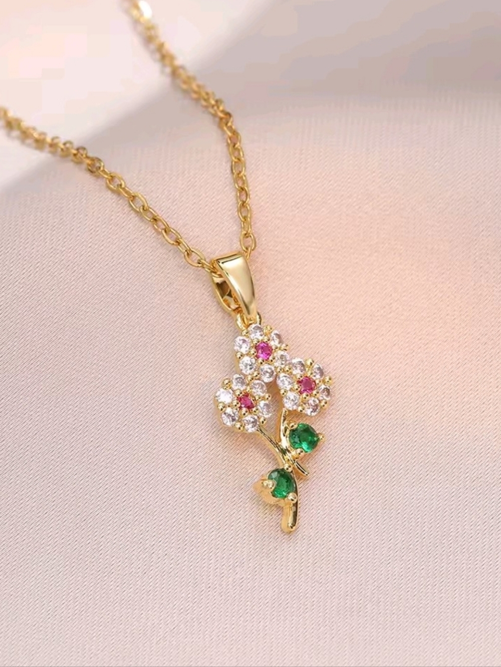 Dainty Gold Floral Pendant Necklace Pink and White Crystal Flower Jewelry